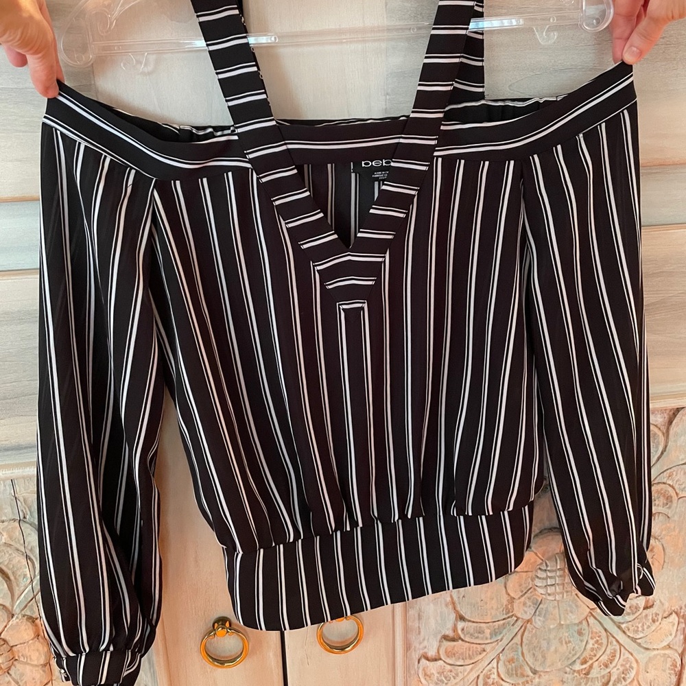 Bebe Black White Stripe Off Shoulder Vneck Top